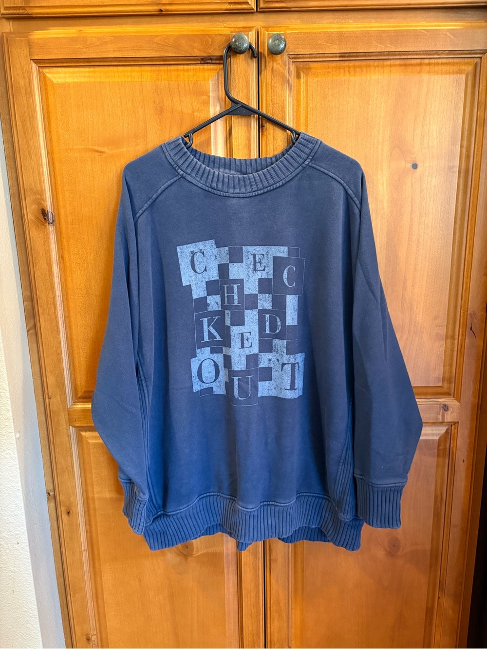 aerie Navy Crewneck Sweatshirt with Checker Graphic